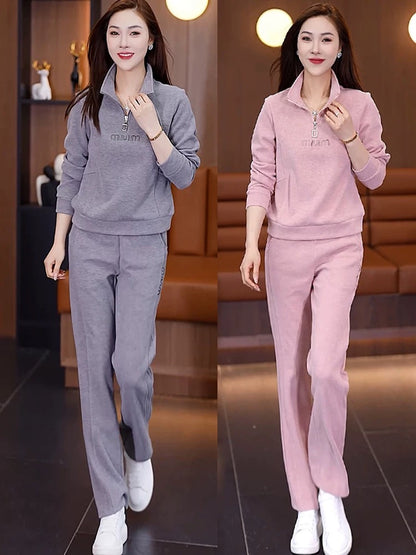 European casual sportswear suit for women 2024 spring and autumn new style foreign style age-reducing stand-up collar sweatshirt straight pants two-piece set