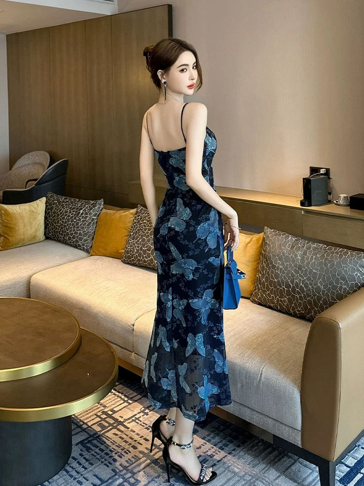 European style suspender dress for women summer seaside vacation high-grade butterfly print slim fit hip skirt