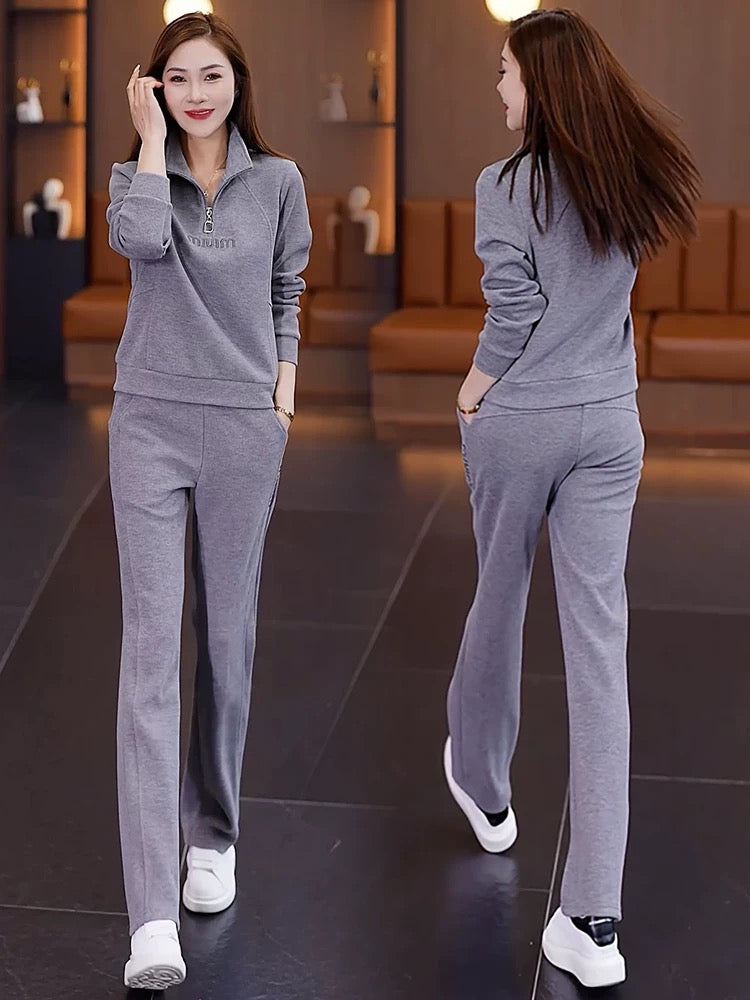 European casual sportswear suit for women 2024 spring and autumn new style foreign style age-reducing stand-up collar sweatshirt straight pants two-piece set