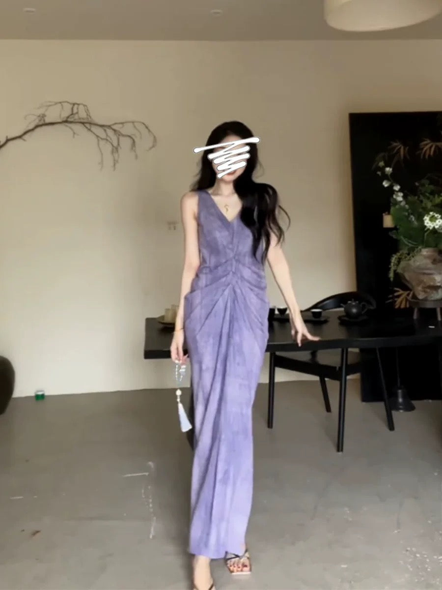 New Chinese style sleeveless V-neck dress for women summer high-end purple waist slimming vest long dress
