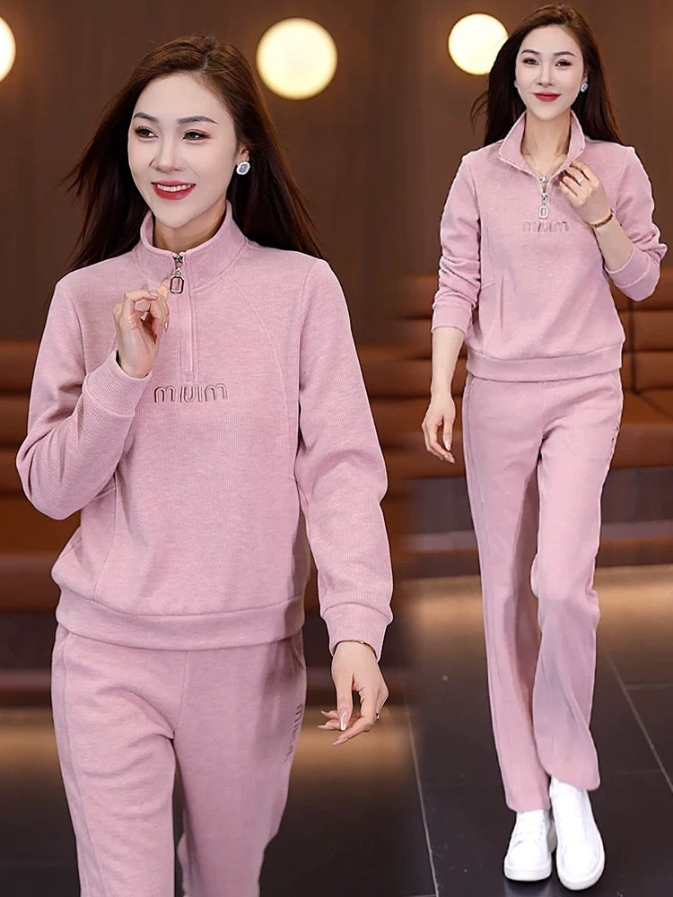 European casual sportswear suit for women 2024 spring and autumn new style foreign style age-reducing stand-up collar sweatshirt straight pants two-piece set