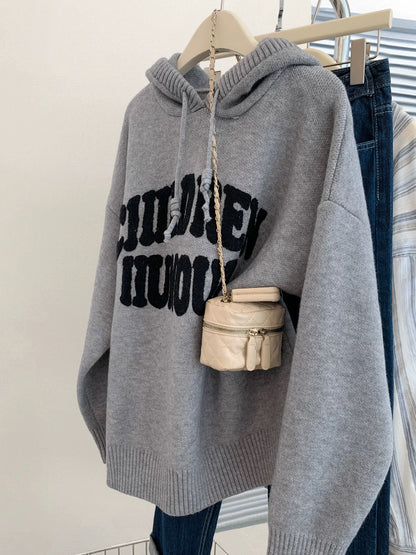 American style gray straight shoulder hooded sweater women 2025 early autumn European goods lazy style thickened knitted sweater pullover top