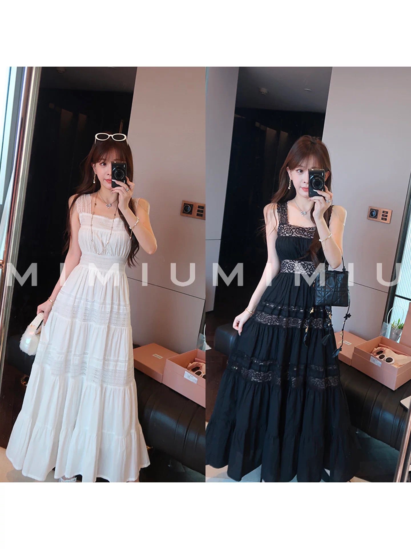 Yululu French-style hollowed-out lace patchwork sleeveless suspender dress for women's summer with a waist-cinching and elegant long skirt.