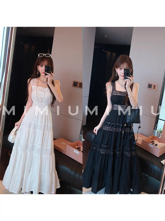 Yululu French-style hollowed-out lace patchwork sleeveless suspender dress for women's summer with a waist-cinching and elegant long skirt.