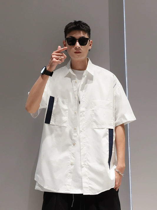 Youshu American solid color patchwork work shirt men's summer casual loose trend trend work shirt outer wear