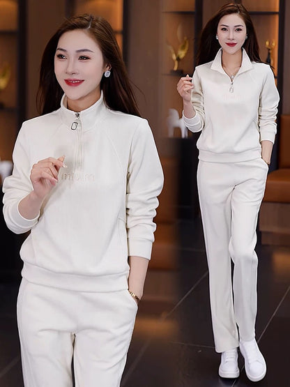 European casual sportswear suit for women 2024 spring and autumn new style foreign style age-reducing stand-up collar sweatshirt straight pants two-piece set