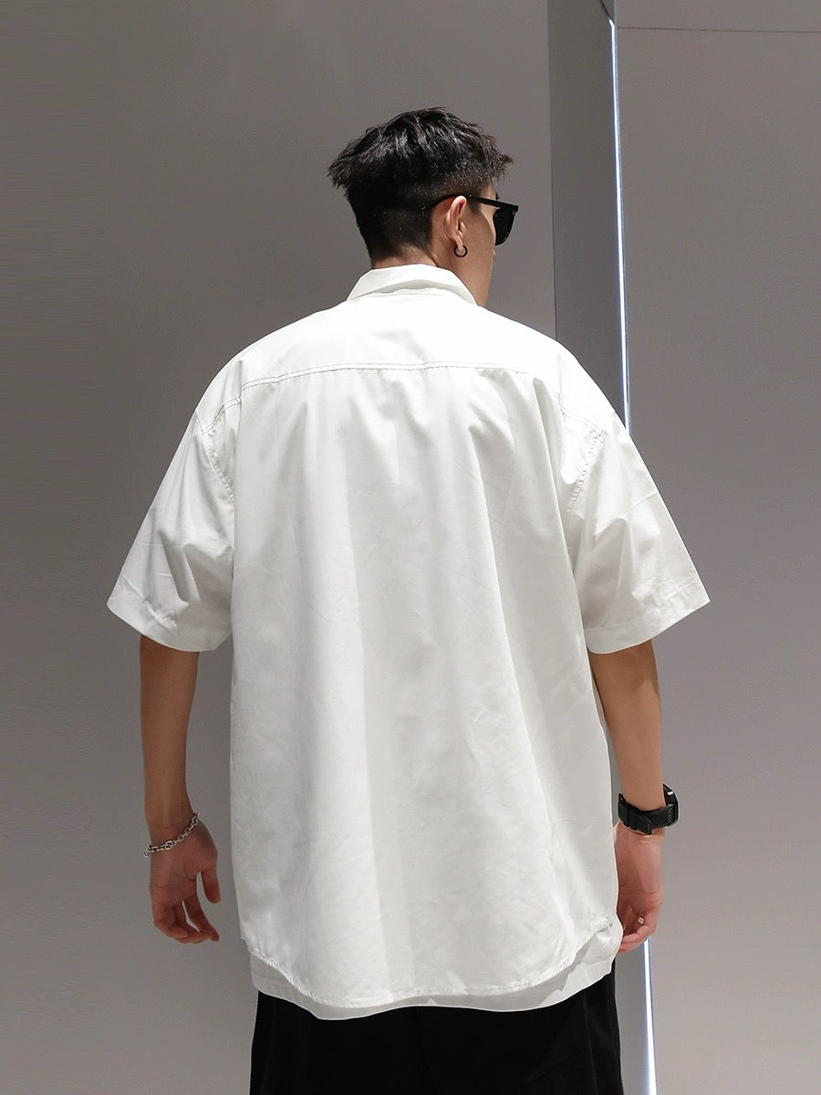 Youshu American solid color patchwork work shirt men's summer casual loose trend trend work shirt outer wear