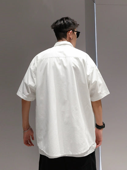 Youshu American solid color patchwork work shirt men's summer casual loose trend trend work shirt outer wear