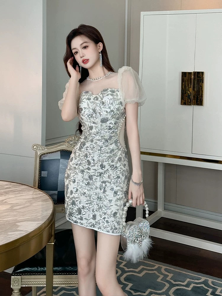 European style hip dress for women summer upper class mesh splicing sequins high-end temperament birthday dress