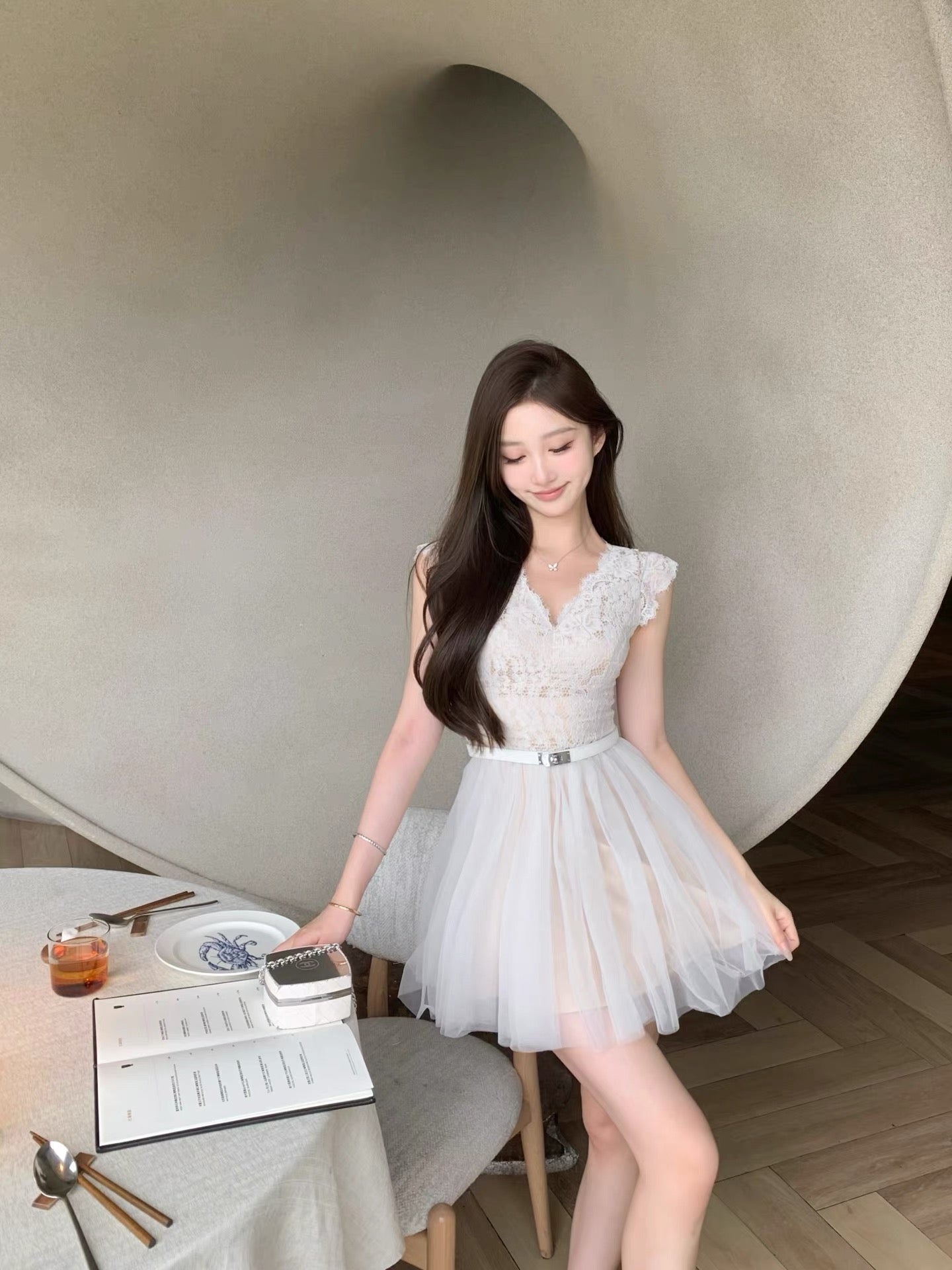 JUNSTUDIO 【Misty Gauze】Lace-trimmed Mesh Dress, V-neck, Belted Waist, Puffy Skirt, Ballet Mini Skirt