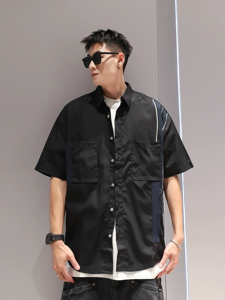 Youshu American solid color patchwork work shirt men's summer casual loose trend trend work shirt outer wear