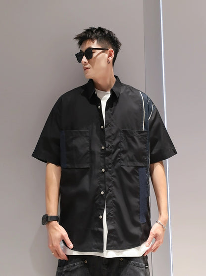 Youshu American solid color patchwork work shirt men's summer casual loose trend trend work shirt outer wear