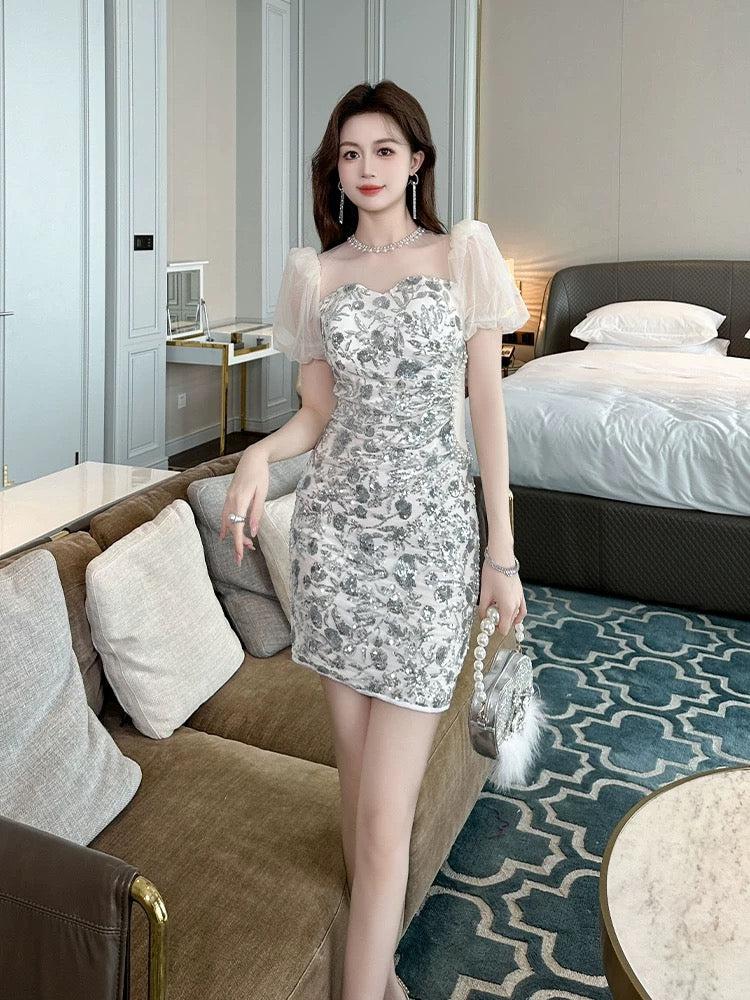 European style hip dress for women summer upper class mesh splicing sequins high-end temperament birthday dress