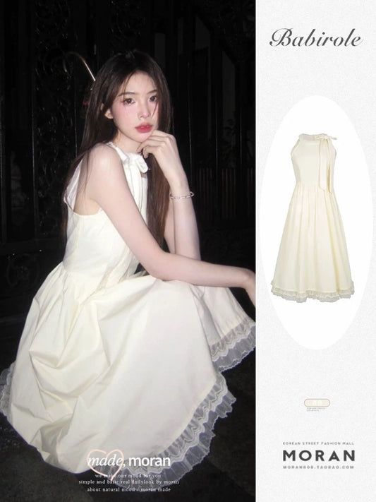 French tea break halterneck strappy dress for women summer waist slimming lace temperament gentle style sleeveless vest long dress