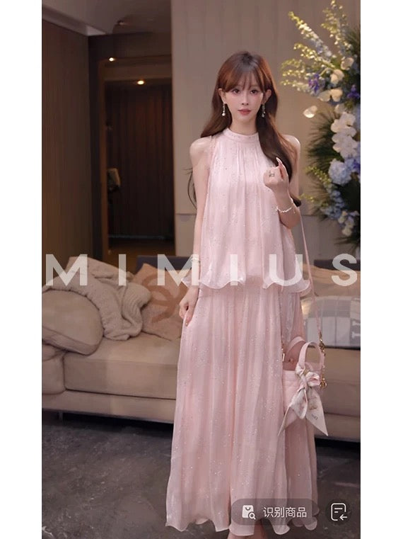 Yululu Rhinestone Lace Patchwork Fairy-Style Sleeveless Top Set for Women, Summer Elastic Side Zipper Skirt Two-Piece Set