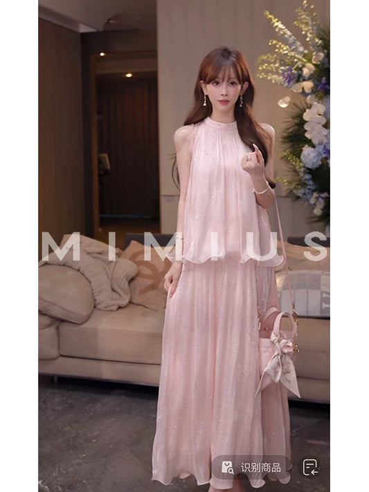 Yululu Rhinestone Lace Patchwork Fairy-Style Sleeveless Top Set for Women, Summer Elastic Side Zipper Skirt Two-Piece Set