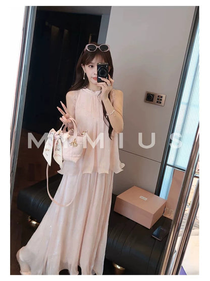 Yululu Rhinestone Lace Patchwork Fairy-Style Sleeveless Top Set for Women, Summer Elastic Side Zipper Skirt Two-Piece Set