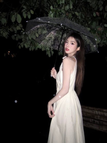 French tea break halterneck strappy dress for women summer waist slimming lace temperament gentle style sleeveless vest long dress