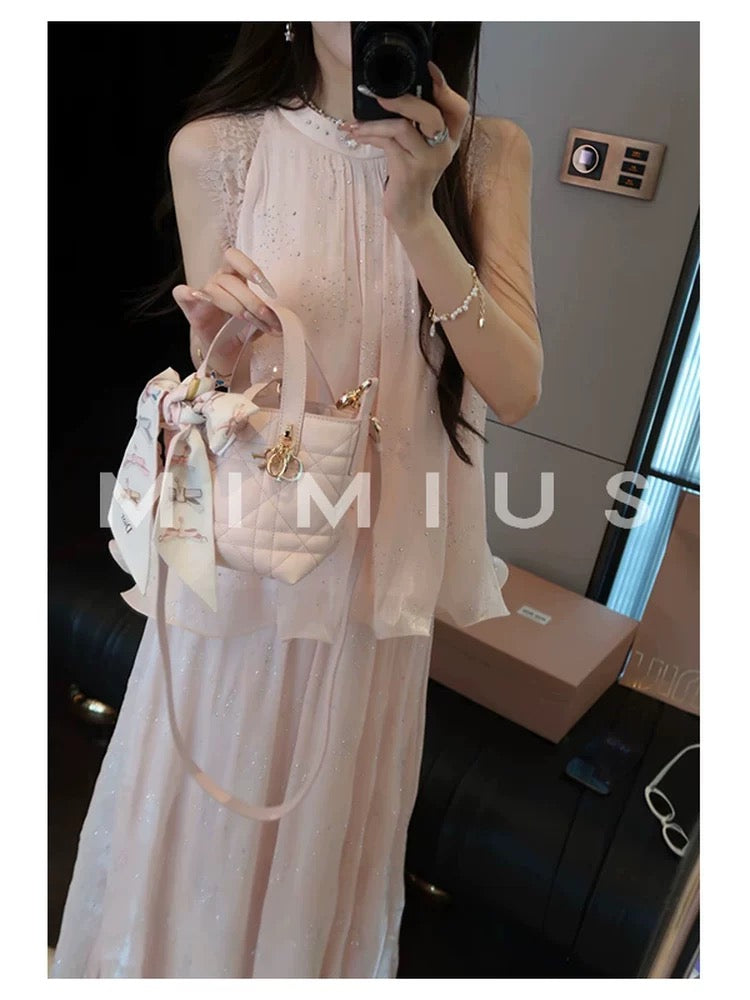 Yululu Rhinestone Lace Patchwork Fairy-Style Sleeveless Top Set for Women, Summer Elastic Side Zipper Skirt Two-Piece Set