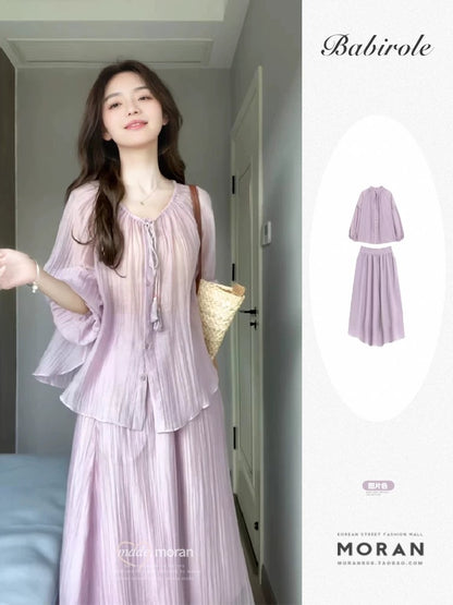 French tea break high-end purple shirt dress two-piece suit for women summer new temperament long skirt outfit