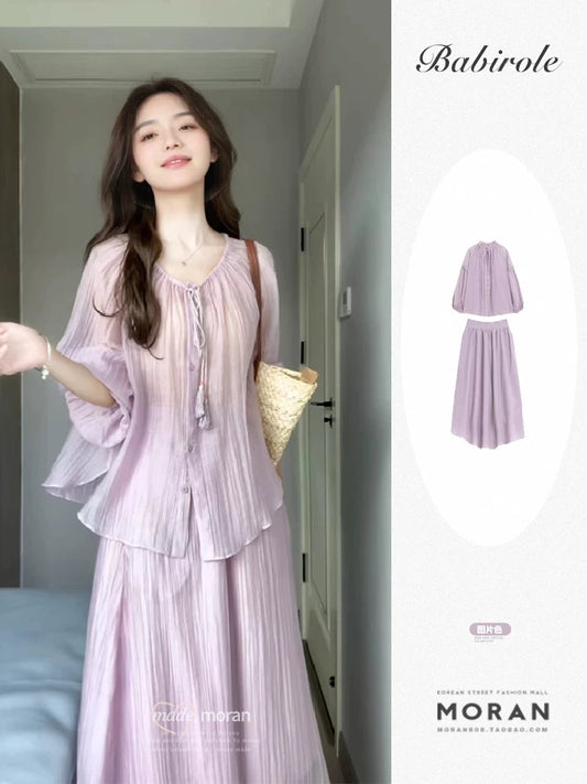 French tea break high-end purple shirt dress two-piece suit for women summer new temperament long skirt outfit
