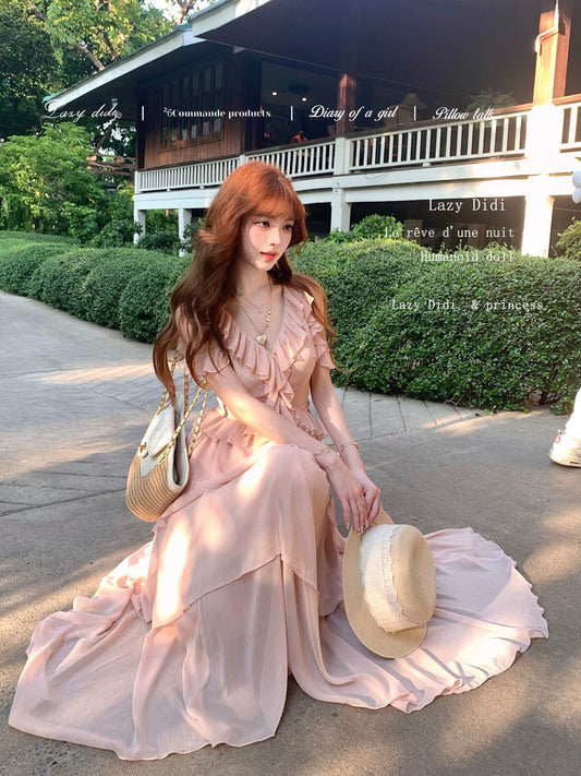 LazyDidi Cherry Blossom Love Letter Pink Soft Tulle 6m Multi-Layer Dynamic Cake Romantic Long Dress with Irregular Ruffles