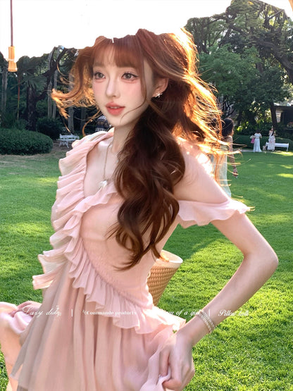 LazyDidi Cherry Blossom Love Letter Pink Soft Tulle 6m Multi-Layer Dynamic Cake Romantic Long Dress with Irregular Ruffles