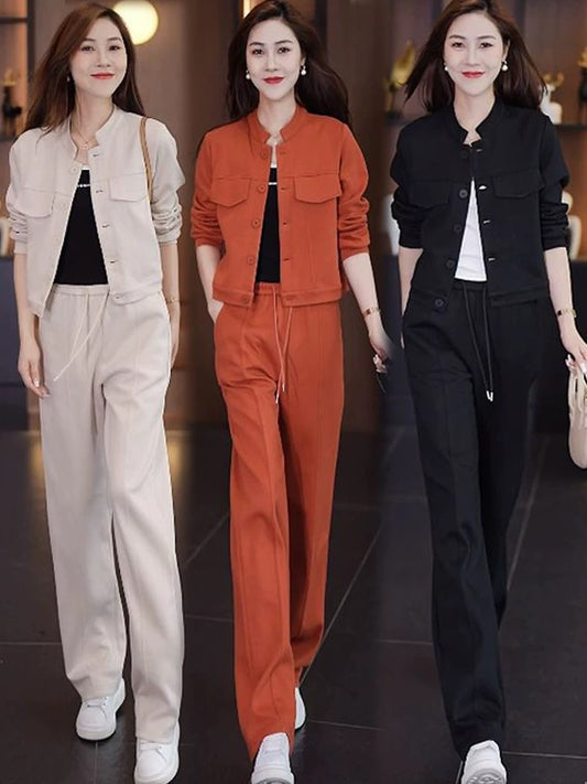 Fashionable and casual European cotton velvet wide-leg pants suit for women 2024 autumn and winter new style slimming and age-reducing cardigan two-piece set