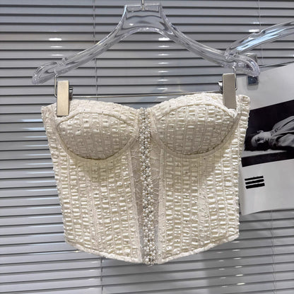 Popular online style, 2025 winter new arrival, elegant pearl-studded rhinestone-embellished fishbone design bra with padded bustier.