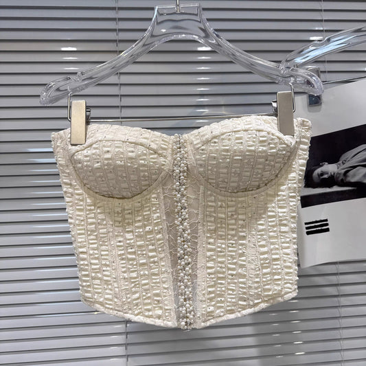 Popular online style, 2025 winter new arrival, elegant pearl-studded rhinestone-embellished fishbone design bra with padded bustier.