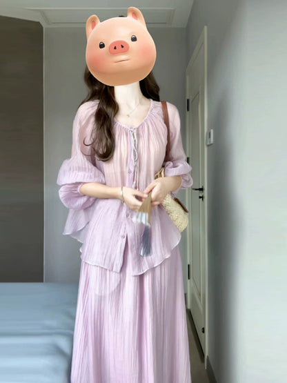 French tea break high-end purple shirt dress two-piece suit for women summer new temperament long skirt outfit