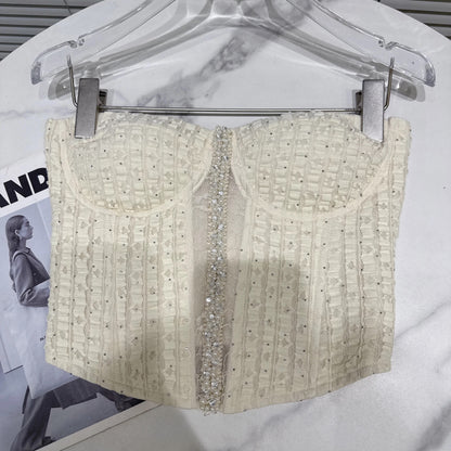 Popular online style, 2025 winter new arrival, elegant pearl-studded rhinestone-embellished fishbone design bra with padded bustier.