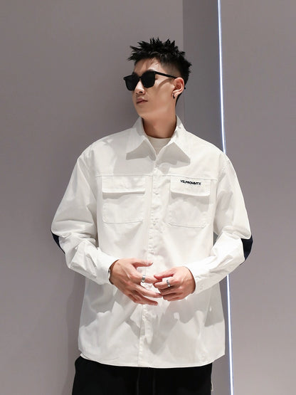 Skilled embroidery pure cotton color-blocked long-sleeved shirt spring and autumn men's Japanese casual all-match loose and handsome lapel shirt