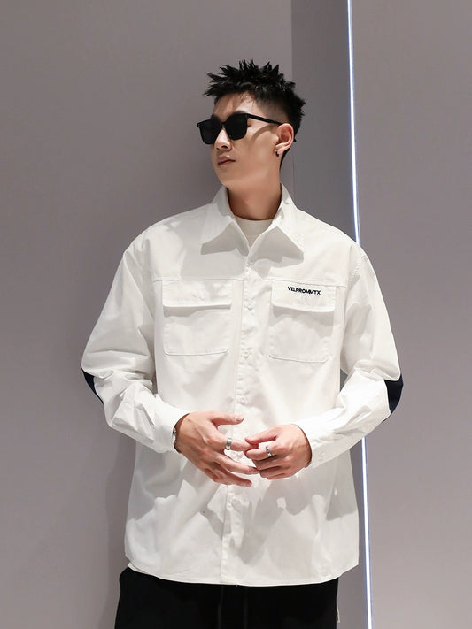 Skilled embroidery pure cotton color-blocked long-sleeved shirt spring and autumn men's Japanese casual all-match loose and handsome lapel shirt
