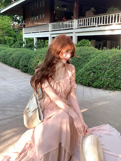 LazyDidi Cherry Blossom Love Letter Pink Soft Tulle 6m Multi-Layer Dynamic Cake Romantic Long Dress with Irregular Ruffles