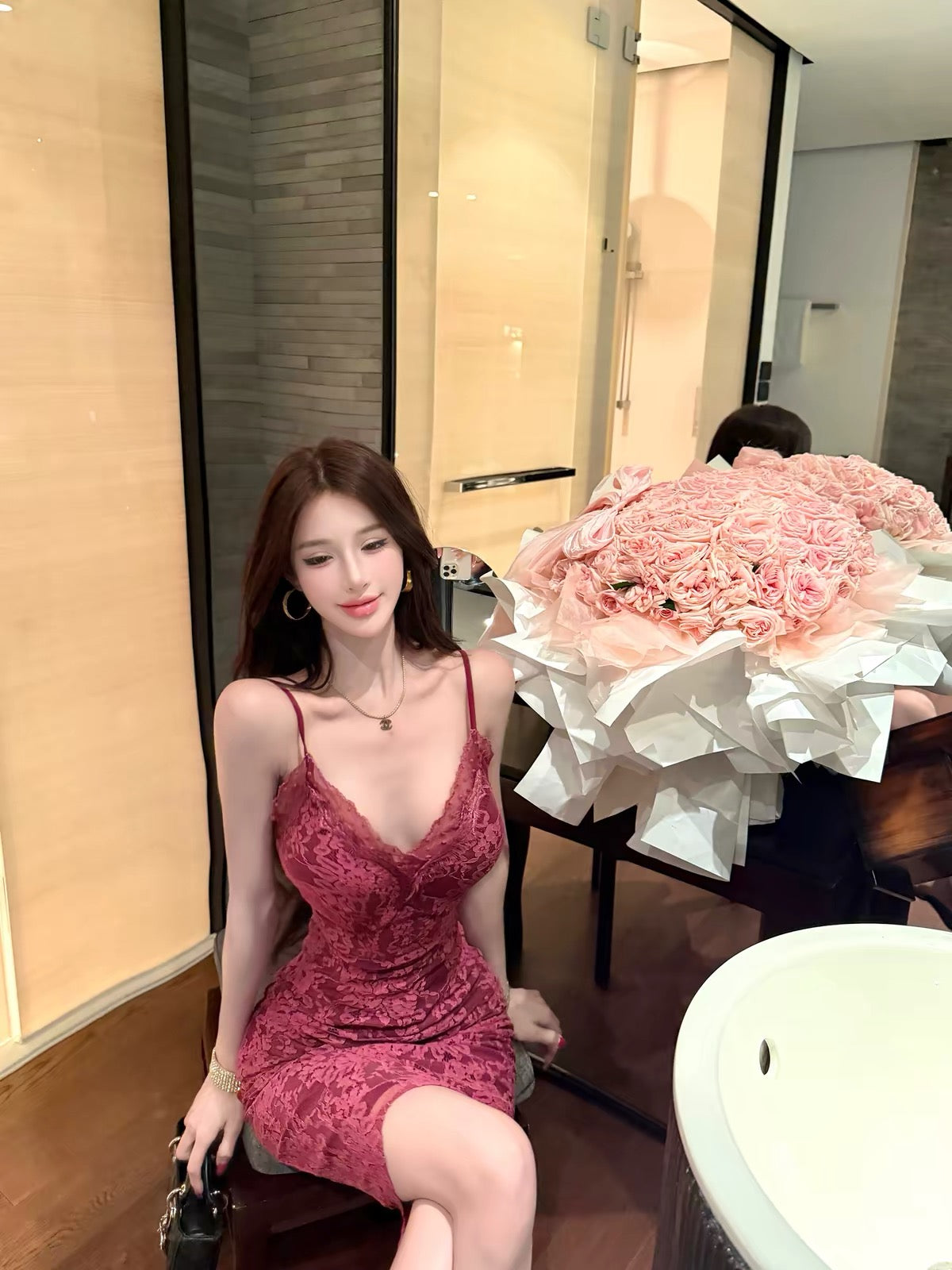 Dusty-hued lace camisole dress—a new, sexy, sleeveless French-style piece for early autumn featuring a waist-cinching, hip-hugging silhouette.