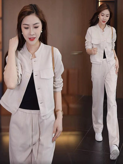 Fashionable and casual European cotton velvet wide-leg pants suit for women 2024 autumn and winter new style slimming and age-reducing cardigan two-piece set