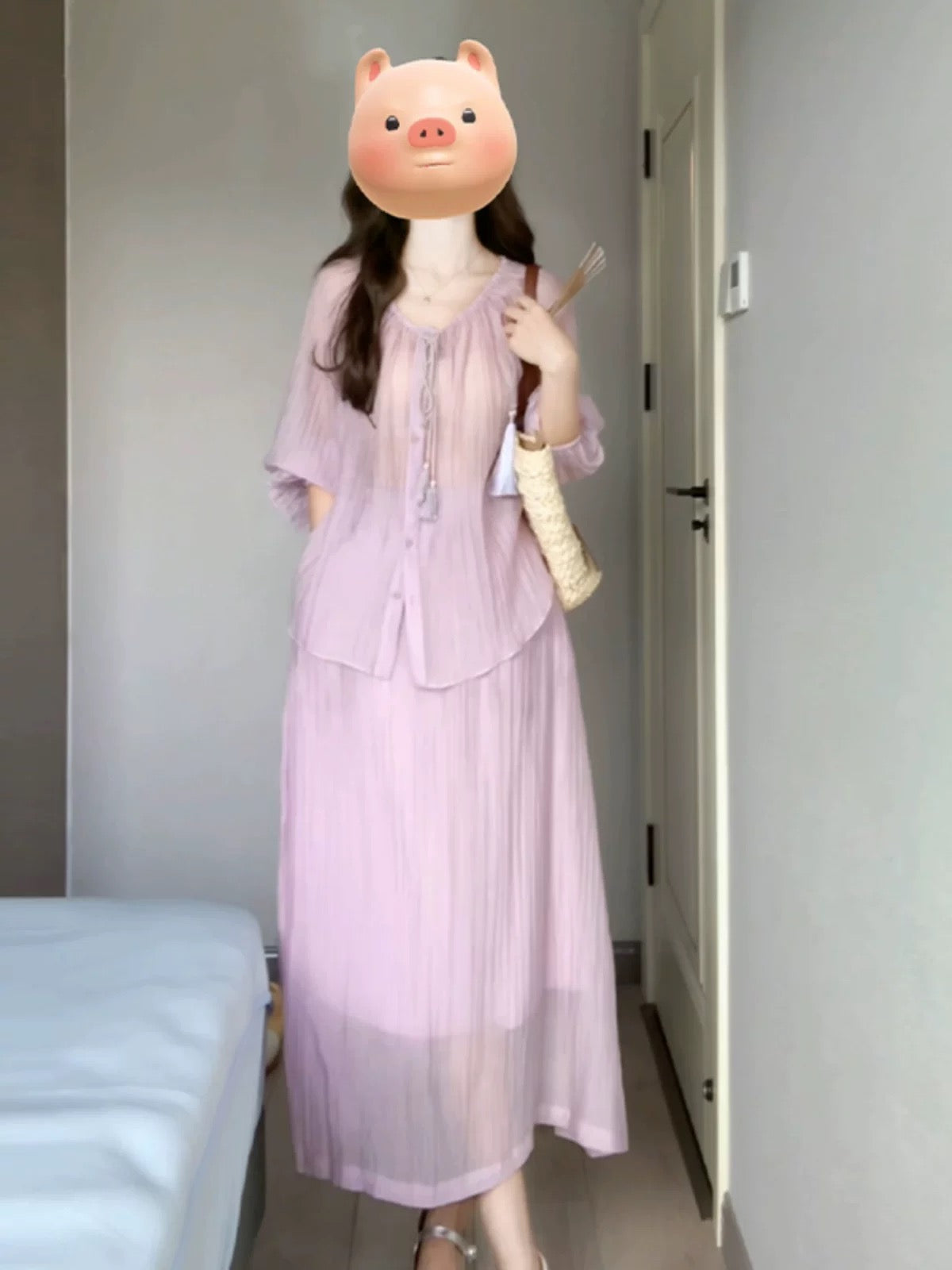 French tea break high-end purple shirt dress two-piece suit for women summer new temperament long skirt outfit