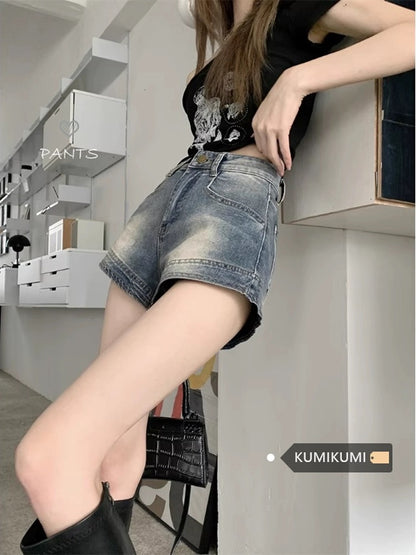 American Retro Hot Girl Pants Blue Washed Distressed Jeans Women's Summer High Waist Slim Hot Pants Super Shorts Trendy