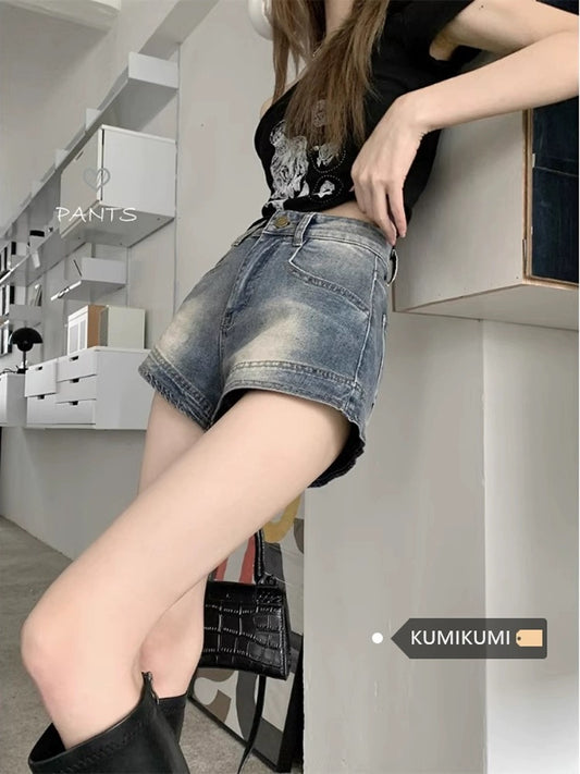 American Retro Hot Girl Pants Blue Washed Distressed Jeans Women's Summer High Waist Slim Hot Pants Super Shorts Trendy