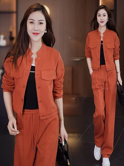 Fashionable and casual European cotton velvet wide-leg pants suit for women 2024 autumn and winter new style slimming and age-reducing cardigan two-piece set
