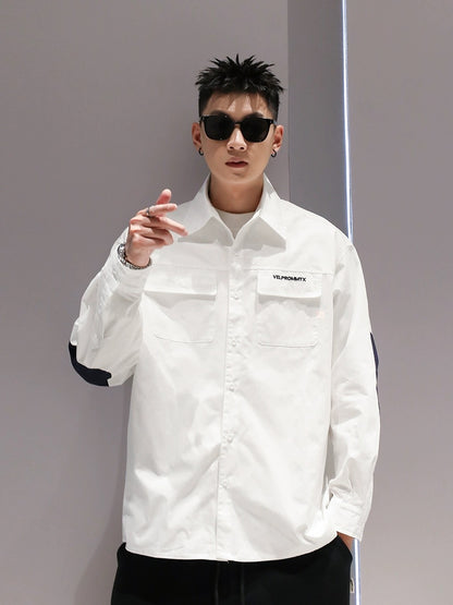 Skilled embroidery pure cotton color-blocked long-sleeved shirt spring and autumn men's Japanese casual all-match loose and handsome lapel shirt
