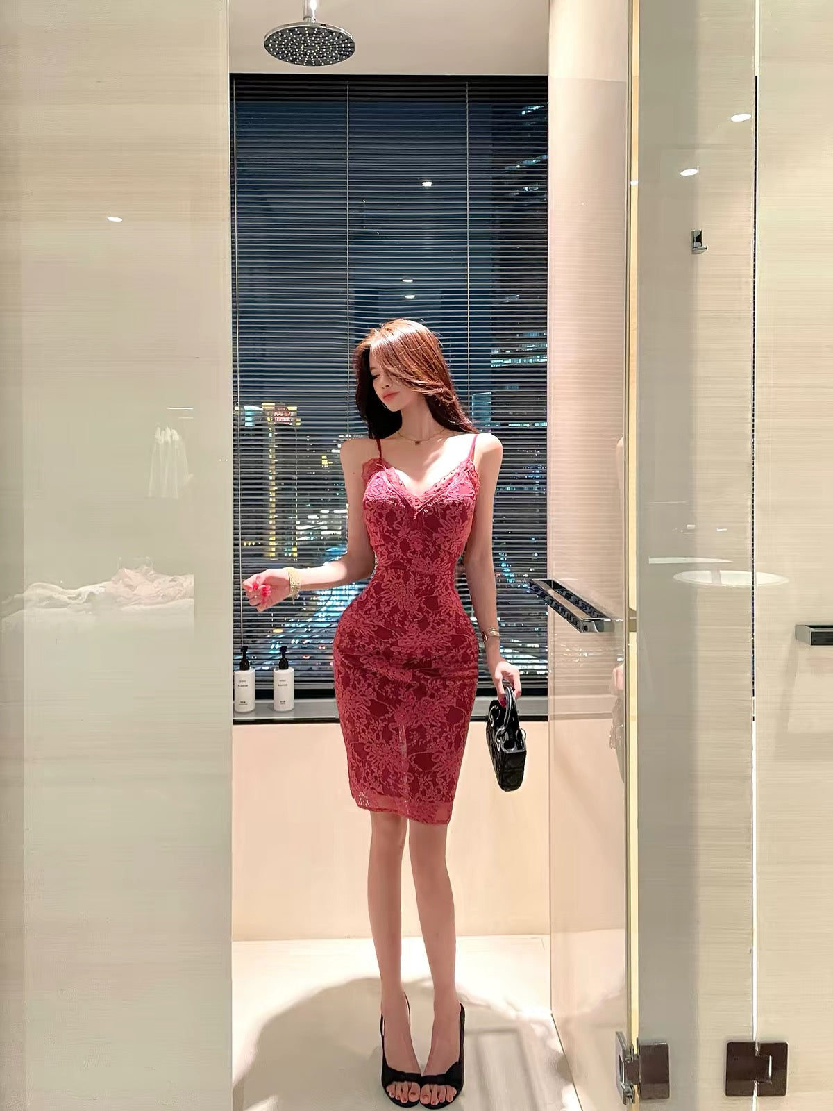 Dusty-hued lace camisole dress—a new, sexy, sleeveless French-style piece for early autumn featuring a waist-cinching, hip-hugging silhouette.