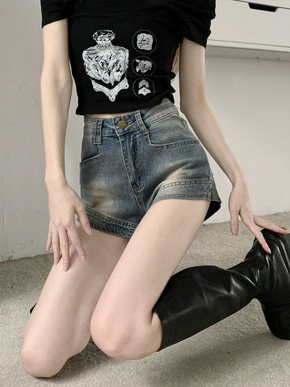 American Retro Hot Girl Pants Blue Washed Distressed Jeans Women's Summer High Waist Slim Hot Pants Super Shorts Trendy
