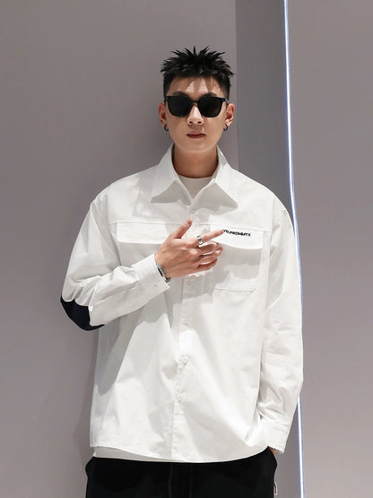 Skilled embroidery pure cotton color-blocked long-sleeved shirt spring and autumn men's Japanese casual all-match loose and handsome lapel shirt