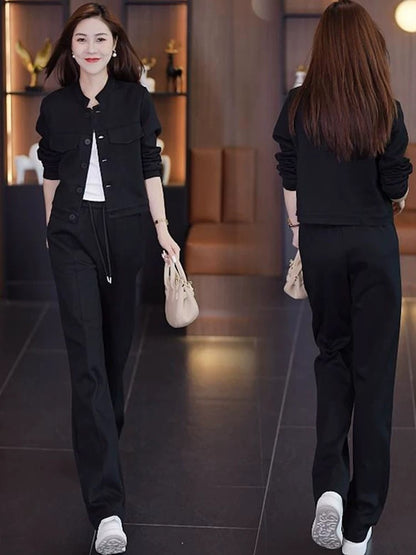 Fashionable and casual European cotton velvet wide-leg pants suit for women 2024 autumn and winter new style slimming and age-reducing cardigan two-piece set