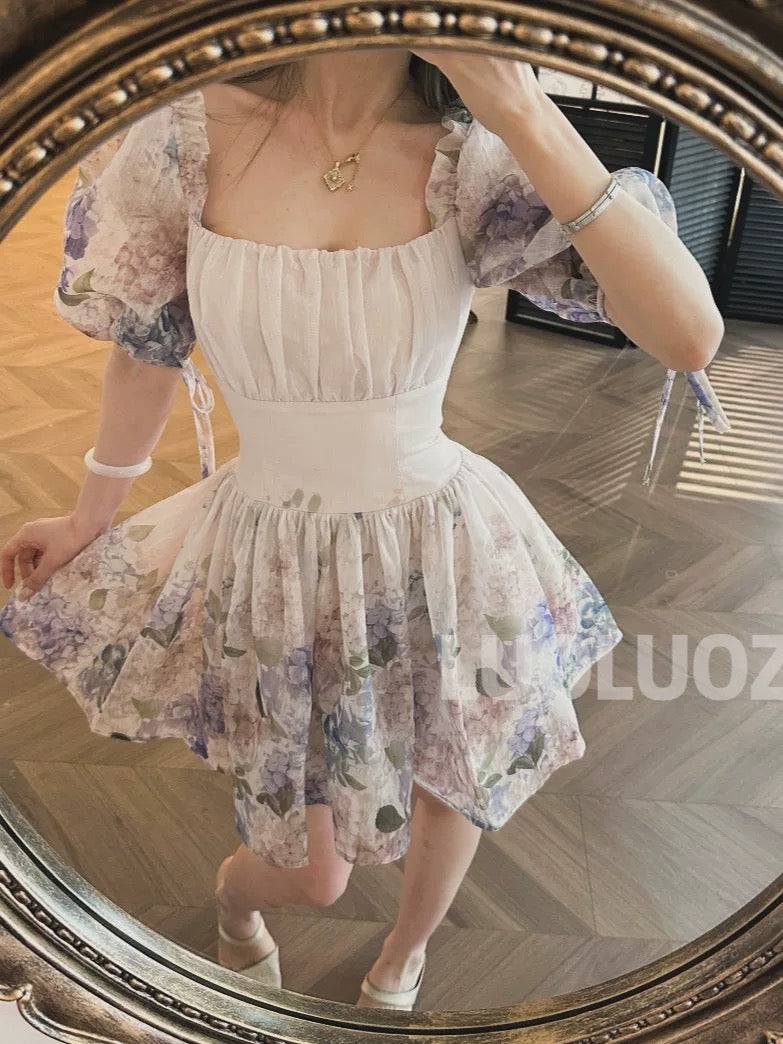 LUOLUOZ 【Moonlight and Flowery Beauty】Sophisticated and Exquisite Color Slimming Puff Sleeve Short Dress JF820
