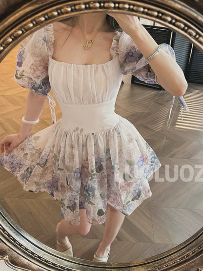 LUOLUOZ 【Moonlight and Flowery Beauty】Sophisticated and Exquisite Color Slimming Puff Sleeve Short Dress JF820