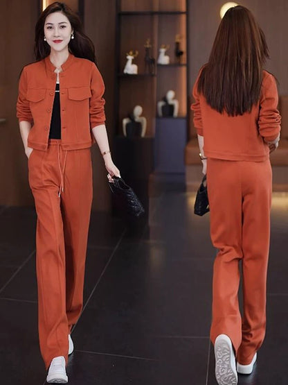 Fashionable and casual European cotton velvet wide-leg pants suit for women 2024 autumn and winter new style slimming and age-reducing cardigan two-piece set