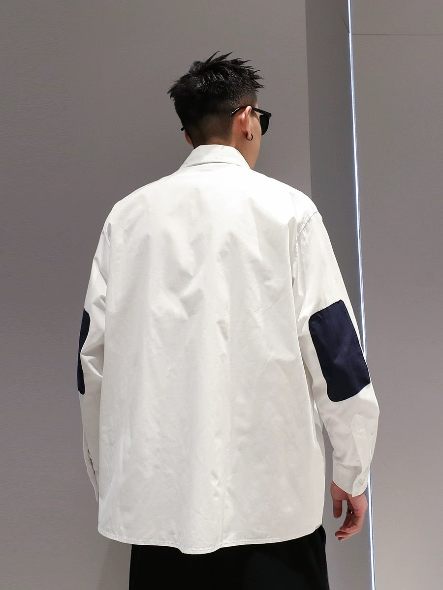 Skilled embroidery pure cotton color-blocked long-sleeved shirt spring and autumn men's Japanese casual all-match loose and handsome lapel shirt